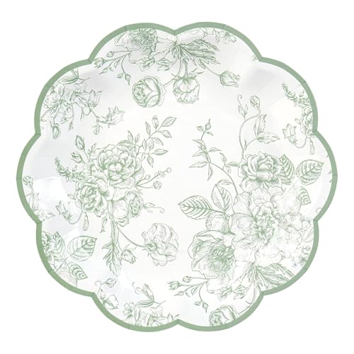 24 Pcs Green Floral Party Plates Vintage Floral Leaf Disposable Paper Plates Wildflower Sage Green Toile 7" Small Scalloped Dessert Plates for Spring Easter Birthday Bridal Tea Party Supplies - color: Green Floral