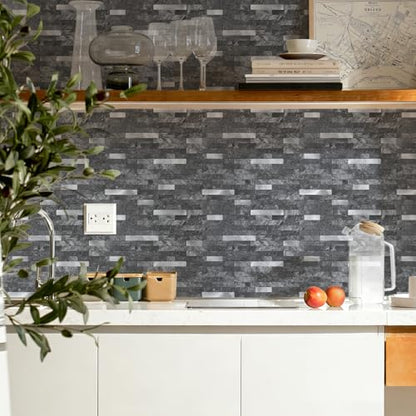 STICKGOO Peel and Stick Backsplash,PVC Wall Tiles Stick on Backsplash for Kitchen(10 Sheets, Black Slate with Metal Silver),(12 inch x 11.7 inch) - color: Black Slate with Metal Silver