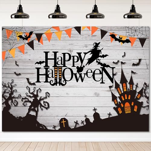 Mocsicka Happy Halloween Backdrop Spider Web Witch and Flying Bats Photography Background Wooden Floor Halloween Party Cake Table Decoration Banner Photo Booth Props (8x6ft) - size: 8x6ft