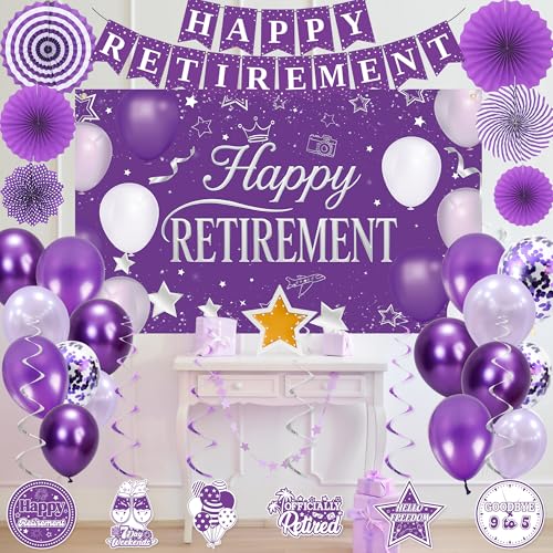 Holkcog Purple Retirement Party Decorations for Women, Silver Purple Happy Retired Banner Backdrop Paper fan Hanging Swirls for Coworker, I'm Retired Sash & Tiara Set, Great for Retiring Women Supply - style: Purple