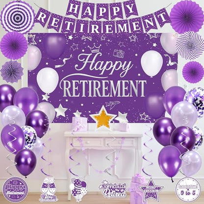 Holkcog Purple Retirement Party Decorations for Women, Silver Purple Happy Retired Banner Backdrop Paper fan Hanging Swirls for Coworker, I'm Retired Sash & Tiara Set, Great for Retiring Women Supply - style: Purple