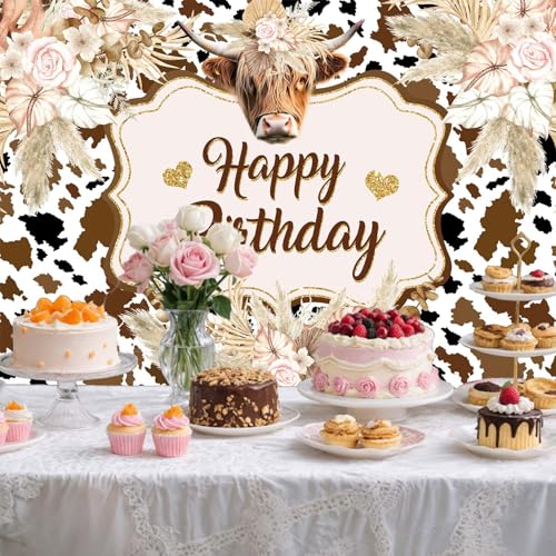 Wathon Western Cow Birthday Backdrop for Photography Brown Highland Cattle with Floral Pampas Grass Party Decorations Banner Boho Fun Farm Cow Photo Background Booth Video Studio Props 6X4FT - color: Fun Cow, size: 6X4FT