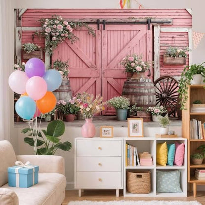 5x4ft Country Wedding Pink Photography Backdrop Rustic Wooden Barn Door Photography Backdrop Farmhouse Flower Western Girl Birthday Baby Shower Wedding Bridal Party Banner Photo Booth Props Background - color: Multi7, size: 5X4FT