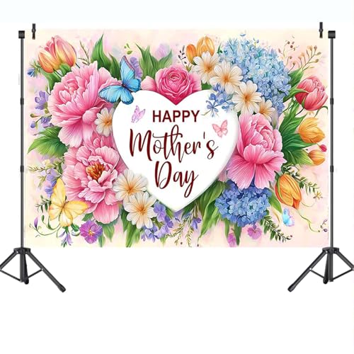 Mocsicka Mother's Day Backdrop Banner Flowers Happy Mothers Day Decorations Banner I Love Mom Mothers Party Decorations Photo Booth Props (8x6ft (96x72 inch))