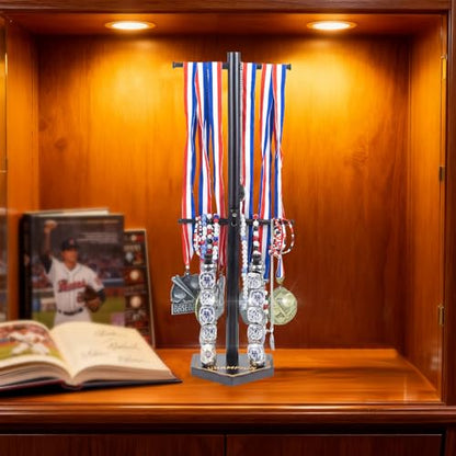 Baseball Ring Holder With Medal Hanger,Wooden Championship Memorabilia Display Holder Accessories,Baseball or Softball Drip Necklace Organizer Holder,Jewelry Organizer,23Inch x 8.6Inch