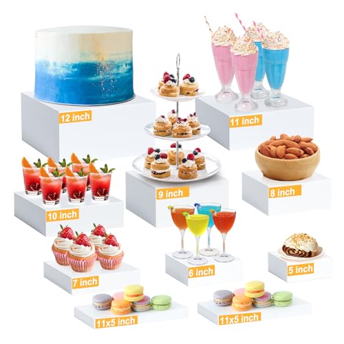 10PCS Buffet Risers, Food Risers for Buffet Table, Acrylic White Cube Box with Hollow Bottoms, Display Stand for Dessert Table Stand Shelf Nesting for Jewelry Show Catering(12"-11"-10"-9"-8"-7"-6"-5")