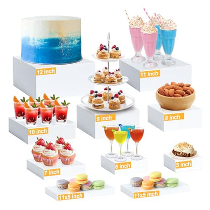 10PCS Buffet Risers, Food Risers for Buffet Table, Acrylic White Cube Box with Hollow Bottoms, Display Stand for Dessert Table Stand Shelf Nesting for Jewelry Show Catering(12"-11"-10"-9"-8"-7"-6"-5")