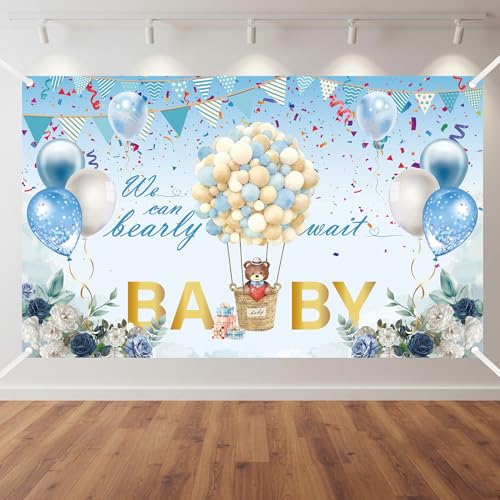 Blue Baby Shower Backdrop Decorations - We Can Bearly Wait Bear Baby Shower Banner Background Decor for Boys 6x5 ft Sky Blue Backdrop with Hot Air Balloon Design for Newborn Photo Props - color: Blue Bear