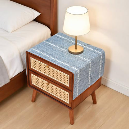 NEWISHER Rustic Farmhouse Embroidered Small Rectangle Tablecloth, Jacquard Striped Table Cloth Washable Fabric Dining Table Cover for Nightstand, Bedside Table, End Table (15x35 Inch), Blue and Grey - color: Blue and Grey, size: 35" x 15" (Rectangular)