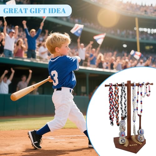 rain bunny Wooden Baseball or Softball Drip Necklace Organizer Holder, Championship Ring Display Holder, Softball Ring Holder, Drip Necklace Baseball Display Gift (Walnut Red) - color: Walnut Red