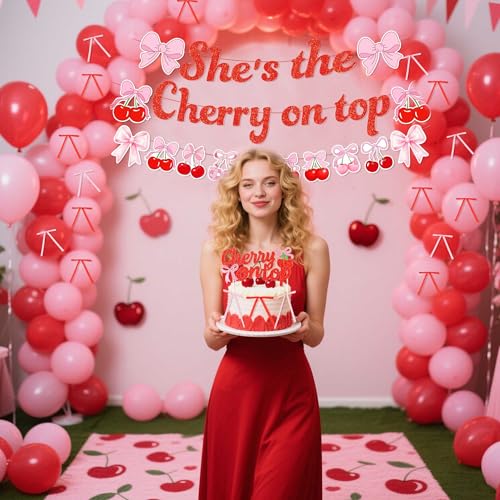 She's The Cherry on Top Baby Shower Backdrop Balloons for Girl Cherry Theme Coquette Bridal Shower Decorations Bow Party Decor Bride to Be Engagement Party Decor Birthday Props