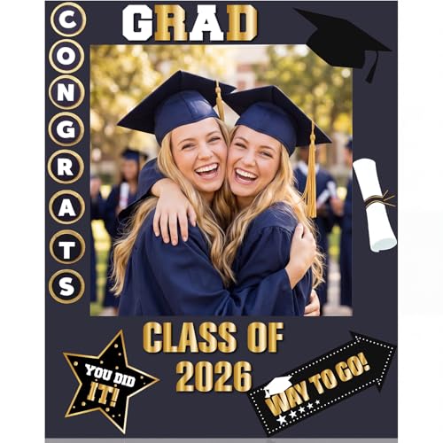 RattanView 2026 Graduation Photo Booth Props Frame Class of 2026 Congrats Grad Selfie Picture Frame, Cardboard Large Photo Booth Prop for High School & College Graduation Party Decorations - style: Grad