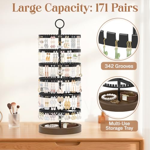 iDavosic.ly 6 Tier Rotating Earring Holder Organizer with Wooden Tray, Large Dangle Display Stands Tree with 342 Plastic Grooves, Adjustable Hoop Storage Rack, Space Saving Tower, Black & Brown - color: Black and Brown, size: 6 Tiers