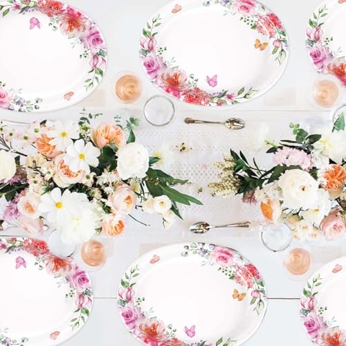 Grencian 50Pcs Floral Oval Paper Plates 10" x 12" Disposable Pink Rose Floral Party Plates Spring Pink Flower Dinnerware for Wedding Tea Party Birthday Bridal Baby Shower Mother's Day Decorations - style: 50Pcs Pink Oval Floral Kit