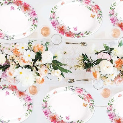 Grencian 50Pcs Floral Oval Paper Plates 10" x 12" Disposable Pink Rose Floral Party Plates Spring Pink Flower Dinnerware for Wedding Tea Party Birthday Bridal Baby Shower Mother's Day Decorations - style: 50Pcs Pink Oval Floral Kit