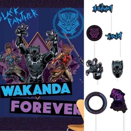Multicolor Black Panther Wakanda Forever Scene Setter With Props - Includes: Backdrop (6' 8" x 4' 7"),12 Photo Props (Pack Of 16) - Vivid Design, Perfect for Parties, Movie Nights, & More - style: Black Panther Wakanda Forever