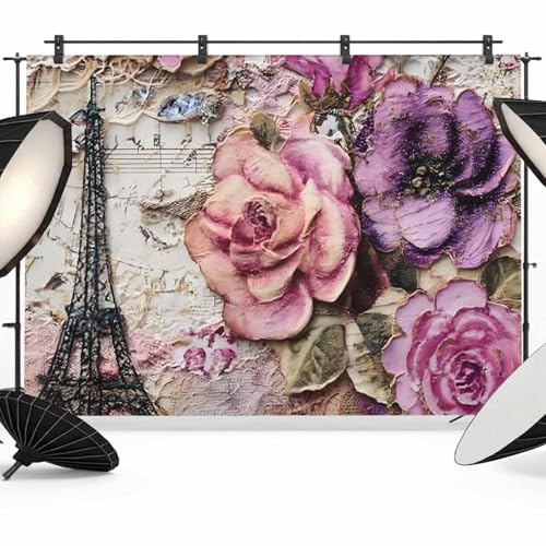 Pink Purple Floral Backdrop for Photography, Vintage Paris Eiffel Tower Sheet Music Texture Photo Backdrop Portrait Background Party Banner Photo Backgrounds for Studio Booth Props, 7x5ft - size: 7x5FT
