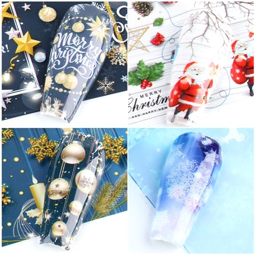 Christmas Nail Foil Transfer Stickers 10 Sheets Xmas Nail Art Stickers Decals Winter Santa Claus Snowflake Bells Nail Decals Supplies for Women Christmas Manicure Nail Film Decorations - style: Christmas