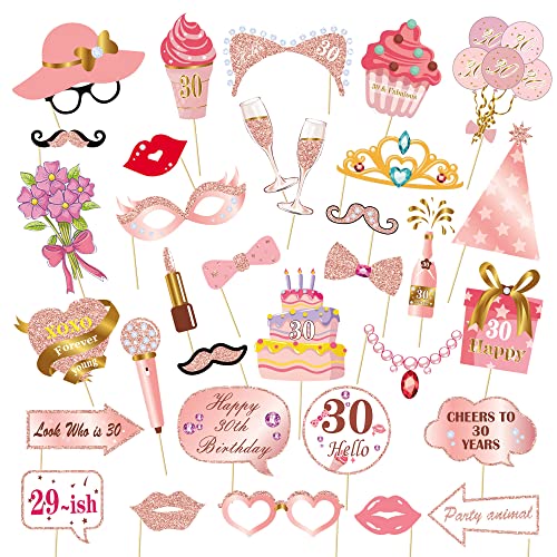 Birthday Decorations, Tumwisk 33PCS 30th Birthday Decorations for Girls, Rose Gold Happy 30th Photo Booth Props Glitter Girl Party Selfie Props(30th) - color: 30th