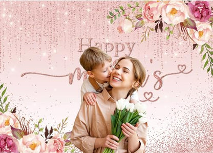 Mocsicka Mothers Day Backdrop Banner 7x5ft Pink Floral Happy Mothers Day Backdrop Decorations Thanks Mother's Day Photo Background Banner Party Decorations - size: 7x5ft