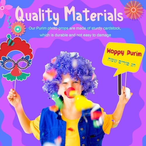 40 Pcs Happy Purim Decorations Photo Booth Props, Funny Jewish Holiday Selfie Props with Sticks Hamantaschen Signs for Purim Masquerade Celebration Party Supplies