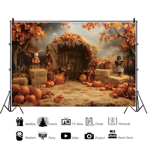 Fall Thanksgiving Backdrop 7x5ft Vinyl Autumn Pumpkin Maple Leaves Harvest Scarecrow Rustic Wood Door Photoshoot Photography Background Decorations Baby Birthday Portrait Studio Booth Props - size: 7X5FT
