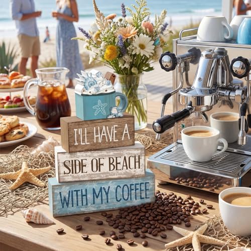 Lineshading 4 Pcs Summer Table Decorations Beach Coffee Bar Wooden Block Sign Blue Rustic Coastal Tiered Tray Decor with Coffee Cup Summer Centerpieces Decor for Beach Nautical Party Office Home - style: Beach