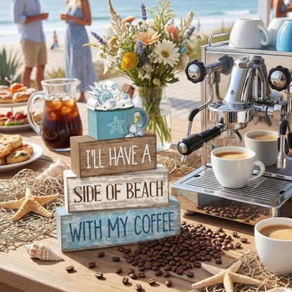 Lineshading 4 Pcs Summer Table Decorations Beach Coffee Bar Wooden Block Sign Blue Rustic Coastal Tiered Tray Decor with Coffee Cup Summer Centerpieces Decor for Beach Nautical Party Office Home - style: Beach