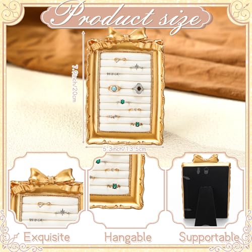 Liliaafar Vintage Ring Holder Bow Gold Ring Wedding Display Suede Jewelry Box Stand Frame Earring Tray Anniversary Engagement Baroque Organizer Photograph Prop for Women Birthday Christmas Gift - color: Gold, style: Bow
