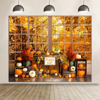 Fall Thanksgiving Backdrop for Photography 10x8ft Autumn Forest Window Pumpkin Harvest Maple Leaves Photo Backdrop Thanksgiving Friendsgiving Party Decor Kids Adult Portrait Photo Booth Props