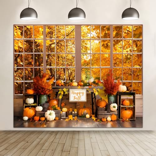 Fall Thanksgiving Backdrop for Photography 10x8ft Autumn Forest Window Pumpkin Harvest Maple Leaves Photo Backdrop Thanksgiving Friendsgiving Party Decor Kids Adult Portrait Photo Booth Props