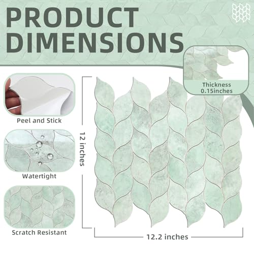 Tilingview 10-Sheet Peel and Stick Backsplash Tile for Kitchen, Self-Adhesive Mosaic Glossy Leaf Stick on Wall Tile with Gaps (Light Green) - color: Leaf Gaps Light Green
