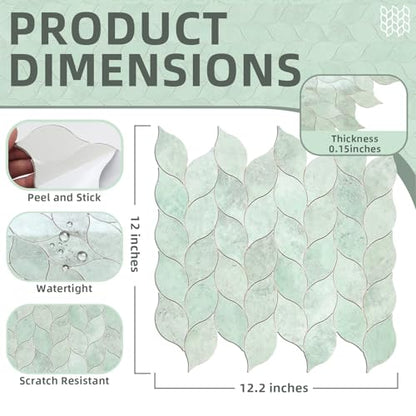 Tilingview 10-Sheet Peel and Stick Backsplash Tile for Kitchen, Self-Adhesive Mosaic Glossy Leaf Stick on Wall Tile with Gaps (Light Green) - color: Leaf Gaps Light Green