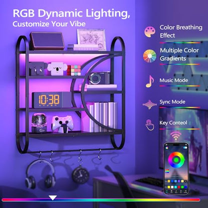 HOOBRO Gaming Floating Shelves with LED Lights, 28.9" LED Wall Mounted Shelf, 5-Tier Display Rack for Wall Storage, Floating Rack with Hanging Rod and 4 S-Hooks, for Game Room, Black BB50DBJ01 - color: Black