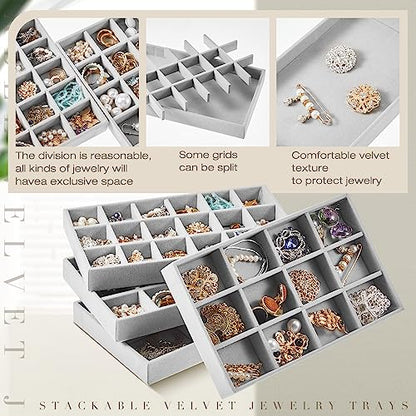 Junkin 12 Pcs Jewelry Tray Velvet Stackable Jewelry Organizer Trays Divided Earring Accessories Storage Containers Box (Rose Red) - color: Gray