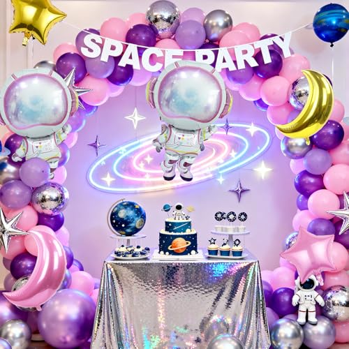 Pink Astronaut Balloons Set, 6 Pcs Space Balloon with Pink Gold Moon Star Balloon Helium for Girls Spaces Birthday Party Planet Theme Party Decoration Baby Shower Galaxy Planet Space Party Decorations - style: Pink Space