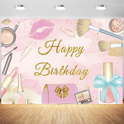 5x4ft Spa Happy Birthday Backdrop Pink Cosmetics Make Up Photography Background Girls Princess Sweet 16 Birthday Party Banner Decoration Supplies Photo Booth Props - size: 5x4ft