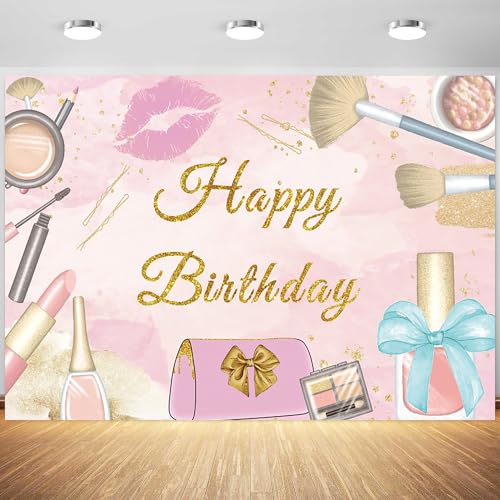 6x4ft Spa Happy Birthday Backdrop Pink Cosmetics Make Up Photography Background Girls Princess Sweet 16 Birthday Party Banner Decoration Supplies Photo Booth Props - size: 6x4ft