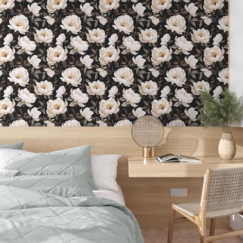 Floral Wallpaper Peel and Stick, Black/Beige Contact Paper Large Peony Flowers 17.5" x 118", Vintage Wall Paper Mural Self Adhesive Removable Waterproof for Room Bedroom Shelves Cabinet Drawer Table - color: Black/Beige, size: 17.5" x 118"
