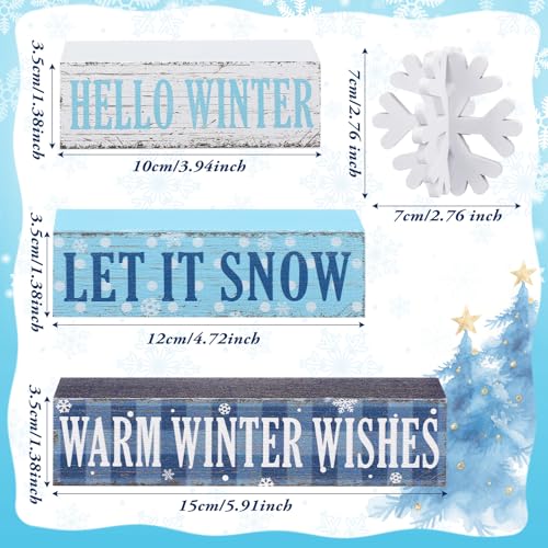 Geelin 4 Pieces Hello Winter Wooden Table Decorations Let It Snow Wooden Signs Rustic Snowflake Tiered Tray Decor Winter Wishes Tabletop Centerpieces for Home Desk Room Kitchen Shelf - style: Snowflake