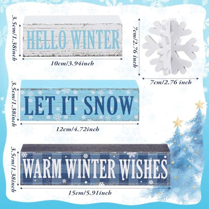 Geelin 4 Pieces Hello Winter Wooden Table Decorations Let It Snow Wooden Signs Rustic Snowflake Tiered Tray Decor Winter Wishes Tabletop Centerpieces for Home Desk Room Kitchen Shelf - style: Snowflake