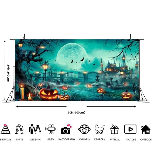Halloween Backdrop 20x10ft Happy Halloween Party Photo Background for Kids Adults Scary Cemetery Graveyard Skeleton Spooky Ghost Halloween Banner Decorations Halloween Backdrops for Photography - size: 20x10ft