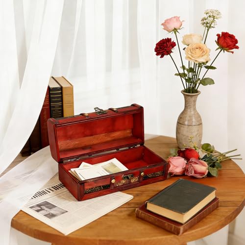 8.7in Wooden Storage Box,Exquisite Treasure Chest with Lock, Small Vintage Jewelry Box for Home Decor Gift,Jewelry and Photos,Party photography prop, 8.7 x 3 x 2.9 Inch