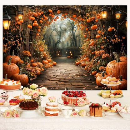7 x 5 ft Autumn Backdrops Fall Stone Arch Leaves Pumpkin Leaf Path Scenery Photography Background Thanksgiving Yellow Flowers Seasonal Party Photo Studio Props - color: Yellow, size: 7x5ft