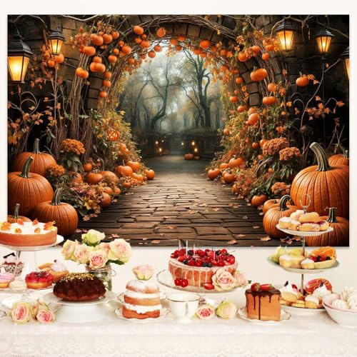 5 x 3 ft Autumn Backdrops Fall Stone Arch Leaves Pumpkin Leaf Path Scenery Photography Background Thanksgiving Yellow Flowers Seasonal Party Photo Studio Props - color: Yellow, size: 5x3ft
