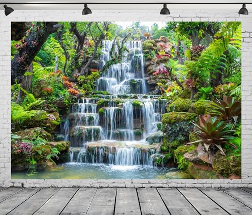 BELECO 12x10ft Fabric Garden Waterfall Backdrop Mountain Rocks Flowing Water Lake River Green Forest Trees Nature Background Home Wall Decor Photo Booth Shoot Studio Props - size: 12x10FT