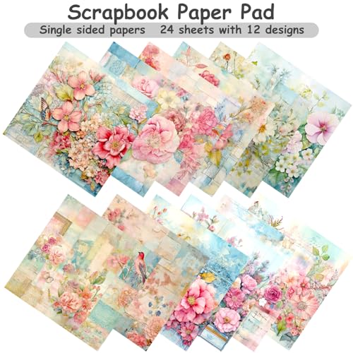 BLEDS 24 Sheet Flower Scrapbooking Paper, 6"x 6" Scrapbook Paper Floral Scrapbooking Supplies Single-Side Printing for Cardmaking Junk Journal Decorative Cardstock Background - color: 6x6 Gorgeous