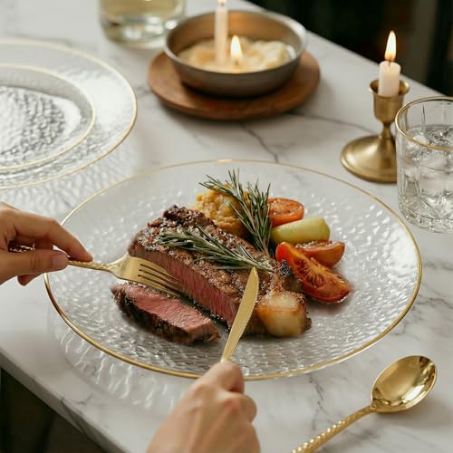I00000 150Pcs Clear Plastic Plates with Gold Rim,Clear Disposable Plates with silverware,Gold hammer patterned plates Set include 30 Dinner Plate,30 Dessert Plate,90 Silverware Set for Party - color: Clear and gold