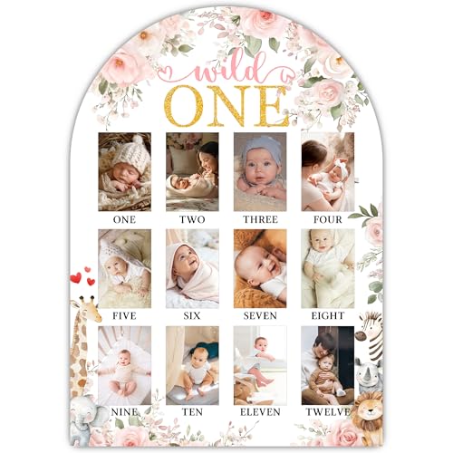 Wild One My First Year Photo Board, Jungle Animals Baby Milestone Signs for Boys Girls Nursery Decor, 12 Month Wooden Picture Board for 2x3 Photos, Best Babies Keepsake Gifts-A07 - color: Wild One 1