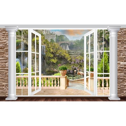Window Scenery Backdrop White Windowsill Floral Garden Green Forest Natural Rock Stone Photography Background Garden Style Family Union Party Banner Wall Decor Photo Shoot Booth Props 5x3ft - color: Brown_Green, size: 5x3ft